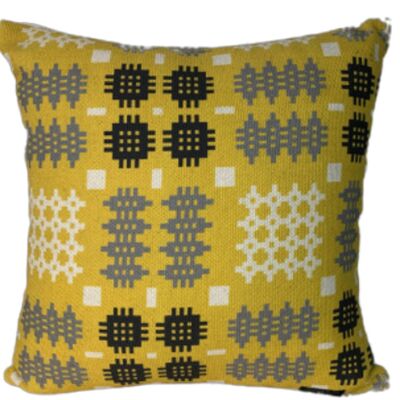 Welsh Tapestry Print Square Cushion Mustard