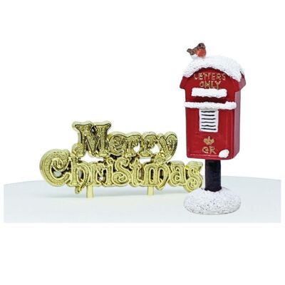 Decorazione per torta in resina per cassetta postale in campagna e motto di Buon Natale dorato in confezione di lusso
