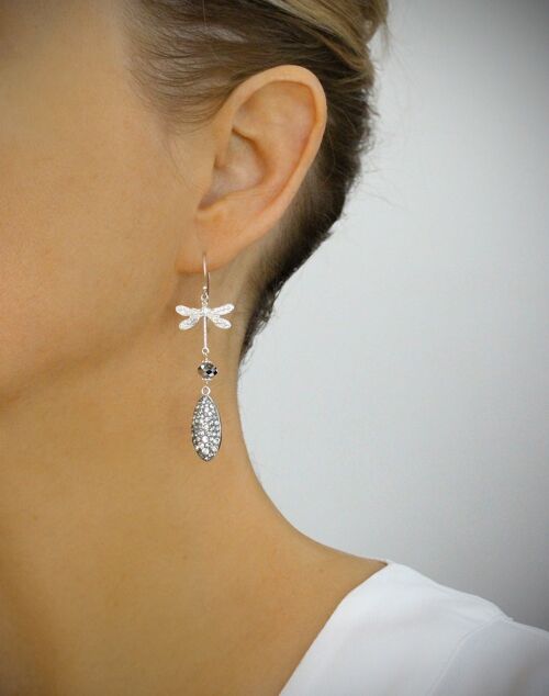 Silver dragonfly and grey pavé drop earrings