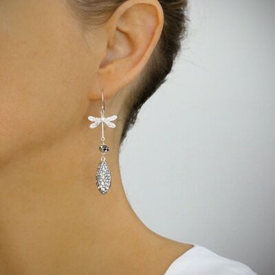 Silver dragonfly and grey pavé drop earrings
