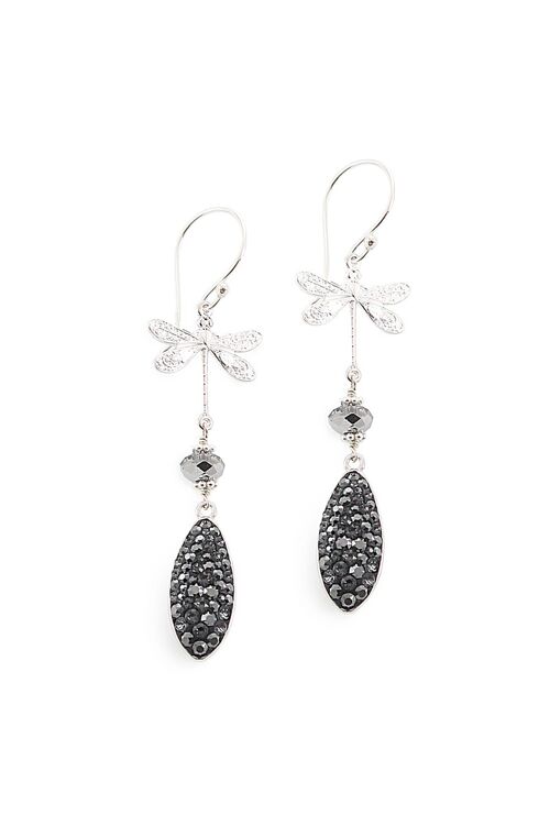 Silver dragonfly and black diamond pavé drops earrings