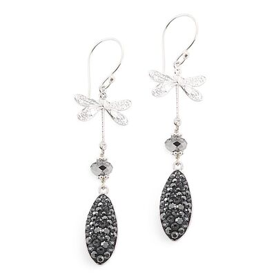 Boucles d'oreilles pendantes libellule en argent et pavé de diamants noirs