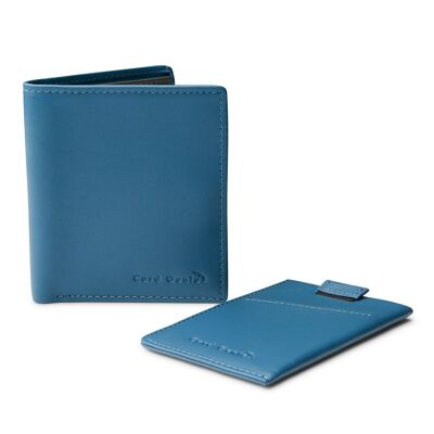 Portafoglio a libro in pelle blu con blocco RFID e set regalo porta carte sottile -14 carte + contanti