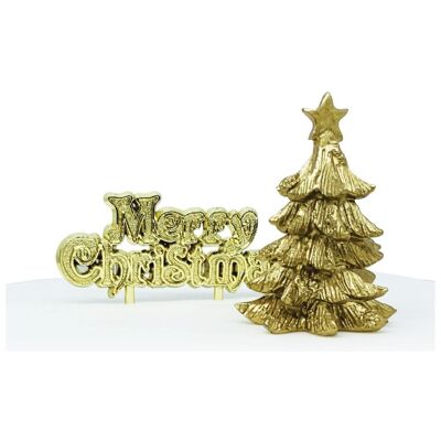 Topper in resina ad albero piccolo dorato e motto di Buon Natale dorato in confezione di lusso