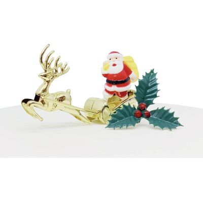 Weihnachtsmann & Goldener Schlitten Kunststoff-Kuchenaufsatz & Holly Pick