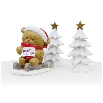 Wintery Teddy Sledding Scene Cake Decoration Set Luxury Boxed