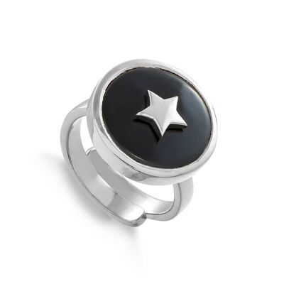 Stellar Star Black Quartz Silver Adjustable Ring