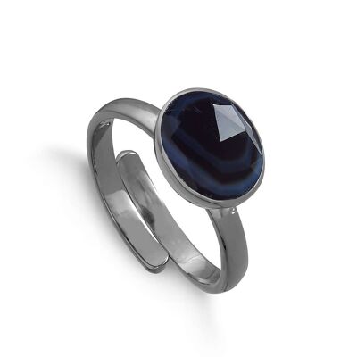 White Striped Black Agate Atomic Midi Black Rhodium Ring