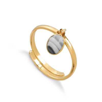 Rio White Striped Black Agate Gold Adjustable Ring