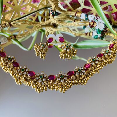 Ruby and Geen Gold Pearl drop Necklace