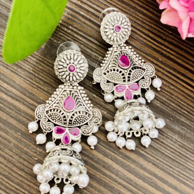 Pink Oxidised Jhumkis × 2