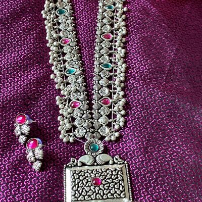 Kolhapuri Saaj Long-German Silver  Square Pendant Necklace