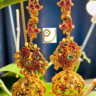 Bridal Jhumka with Ear chain -Ruby and green colour