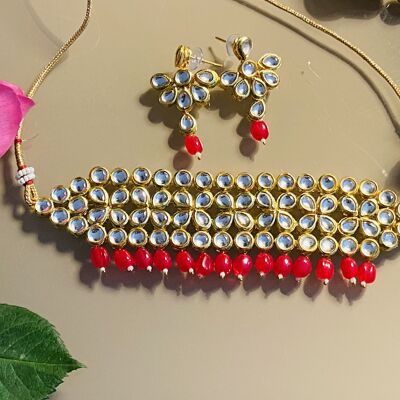 Red - Kundan choker / necklace Set