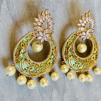 Mint Green Painted with pearls drop Chandbali Earring