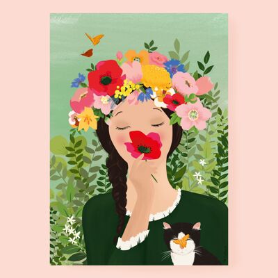 Poster Florae girl and cat flowers A4 format