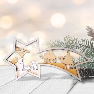 Estrella de Navidad de madera, con imagen de Natividad o Pesebre incluidos Reyes Magos en Belén