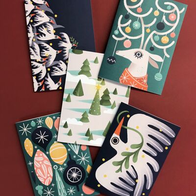 Lot de 5 cartes festives | Cartes de Noël pliées A6