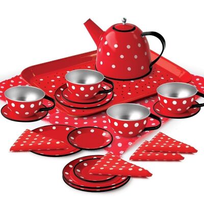 Tea set in red suitcase with dots