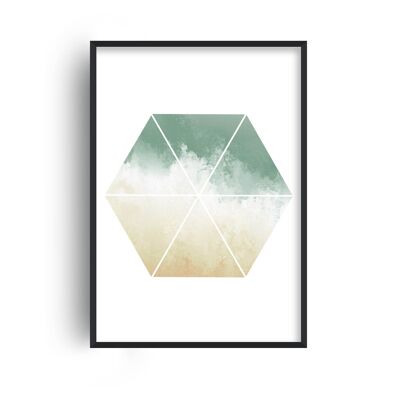 Green and Beige Watercolour Hexagon Print - A4 (21x29.7cm) - Black Frame