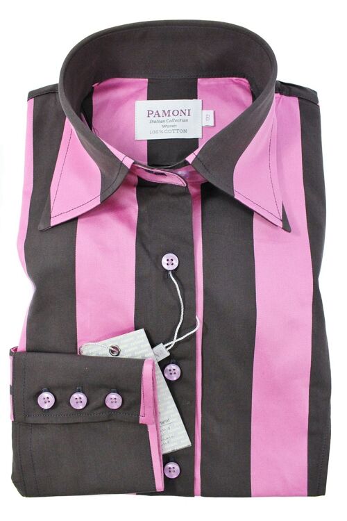 Pink Black Bold Stripe Fitted Shirt_Pink Black Bold Stripe Fitted Shirt