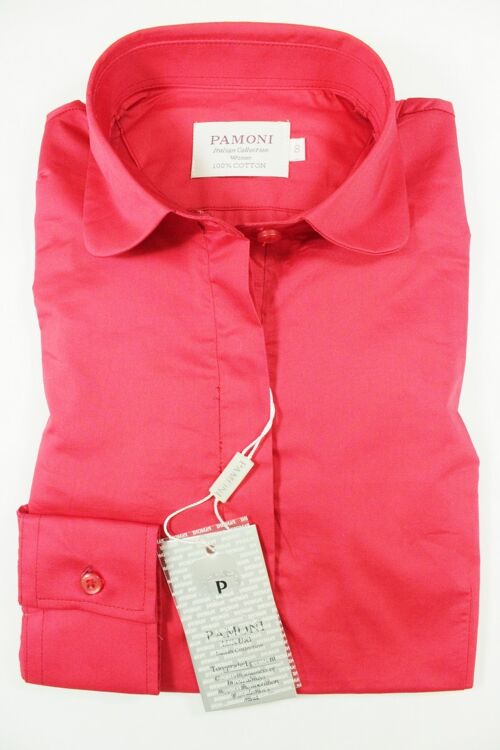 Red Curved Collar Fitted Shirt_Red