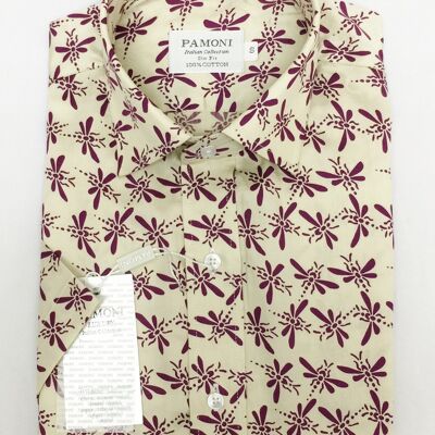 Cream Purple Print Short Sleeves Shirt_Cream Purple Print Short Sleeves Shirt