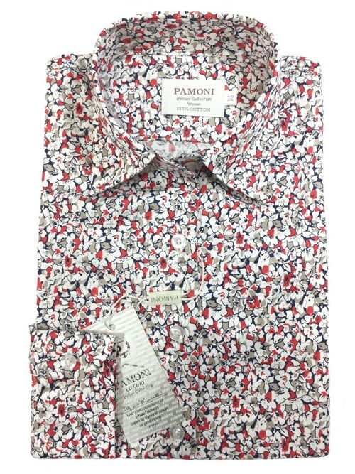 Red & White Floral Print Fitted Shirt_Red