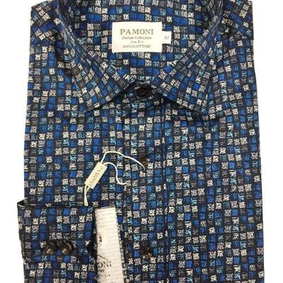 Blue & Grey Box Print Slim Fit Shirt_Blue & Grey Box Print Slim Fit Shirt