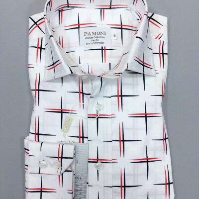 White Navy/red Cross Design Slim Fit Shirt_White