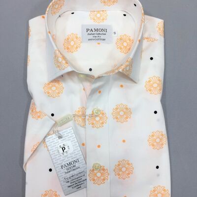 White Orange Flower Print Short Sleeves Shirt_White Orange Flower Print Short Sleeves Shirt