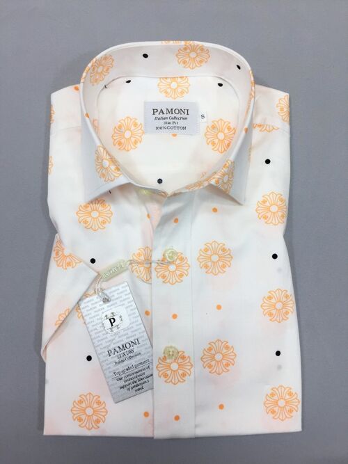 White Orange Flower Print Short Sleeves Shirt_White