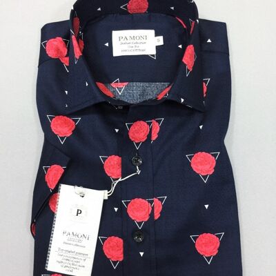 Navy Red Flower Print Short Sleeves Shirt_Navy