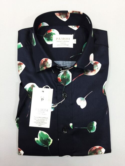 Navy Green Flower Print Short Sleeves Shirt_Navy