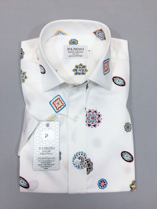 White Symbol Print Short Sleeves Shirt_White