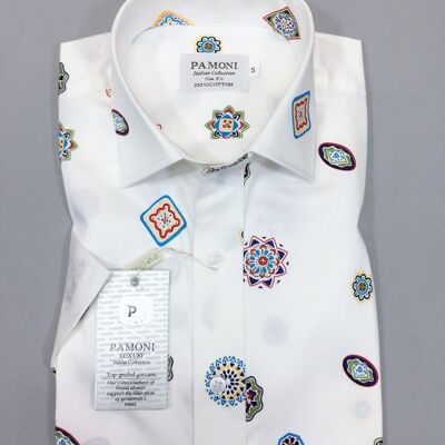 White Symbol Print Short Sleeves Shirt_White