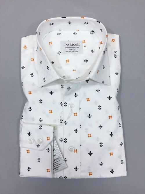 White Navy/orange Symbol Print Slim Fit Shirt_White Navy/orange Symbol Print Slim Fit Shirt