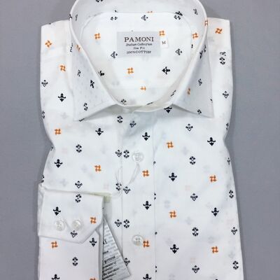 White Navy/orange Symbol Print Slim Fit Shirt_White Navy/orange Symbol Print Slim Fit Shirt