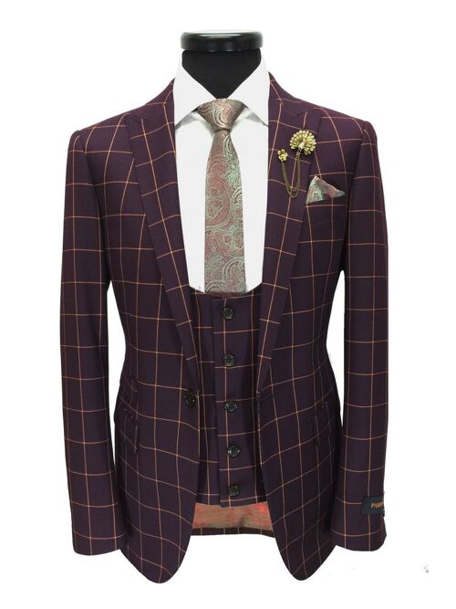 Maroon Check One Button 3-piece Suit_Maroon Check One Button 3-piece Suit