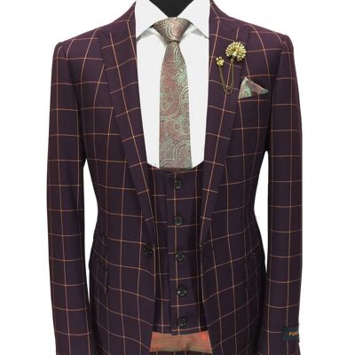 Maroon Check One Button 3-piece Suit_Maroon Check One Button 3-piece Suit