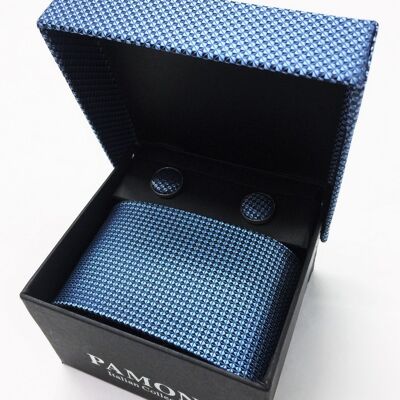 Blue Micro Check Tie & Cufflinks Set_Blue