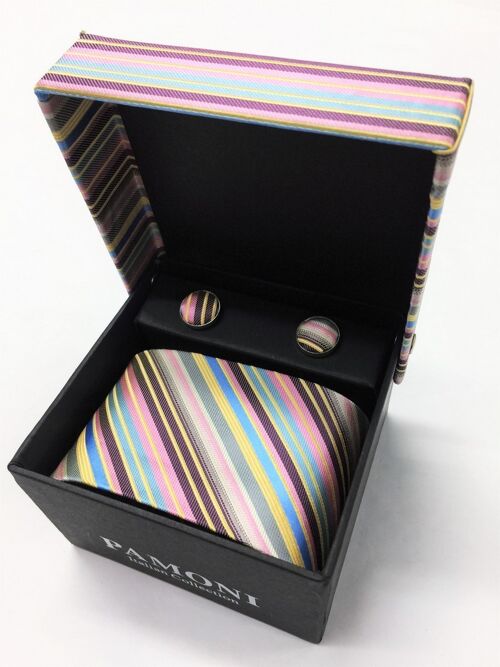 Multi Coloured Stripe Tie & Cufflinks Set_Multi Coloured Stripe Tie & Cufflinks Set