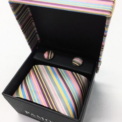 Multi Coloured Stripe Tie & Cufflinks Set_Multi
