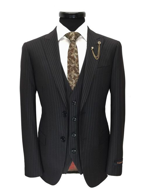 Black Brown Pinstripe Two Button 3-piece Suit_Black Brown Pinstripe Two Button 3-piece Suit