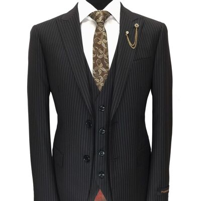 Black Brown Pinstripe Two Button 3-piece Suit_Black