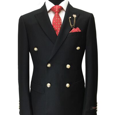 Black Double Breasted Slim Fit Blazer W/ Gold Buttons_Black