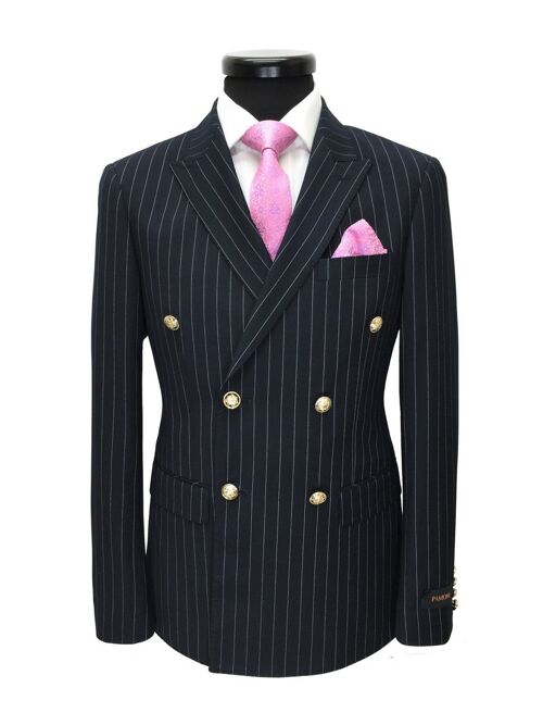 Navy Pinstripe Double Breasted Slim Fit Blazer With Gold Buttons_Navy Pinstripe Double Breasted Slim Fit Blazer With Gold Buttons