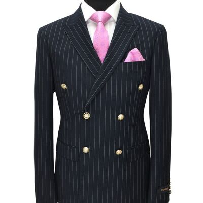 Navy Pinstripe Double Breasted Slim Fit Blazer With Gold Buttons_Navy