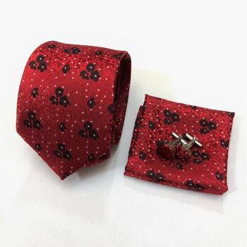 Ensemble cravate et boutons de manchette à fleurs rouges_Ensemble cravate et boutons de manchette à fleurs rouges 2