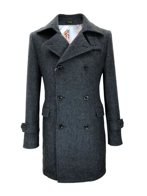 Grey/Blue Slim Fit Double Breasted Coat_Grey/Blue